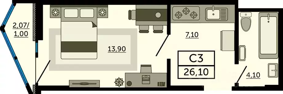 Студия Ростовская область, Ростов-на-Дону Северный мкр, просп. ... - Фото 1