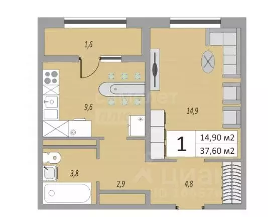 1-к кв. Оренбургская область, Оренбург ул. Юркина, 3 (37.0 м) - Фото 2