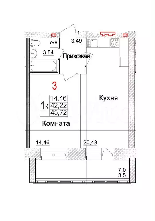 1-к. квартира, 45,7 м, 1/4 эт. - Фото 0