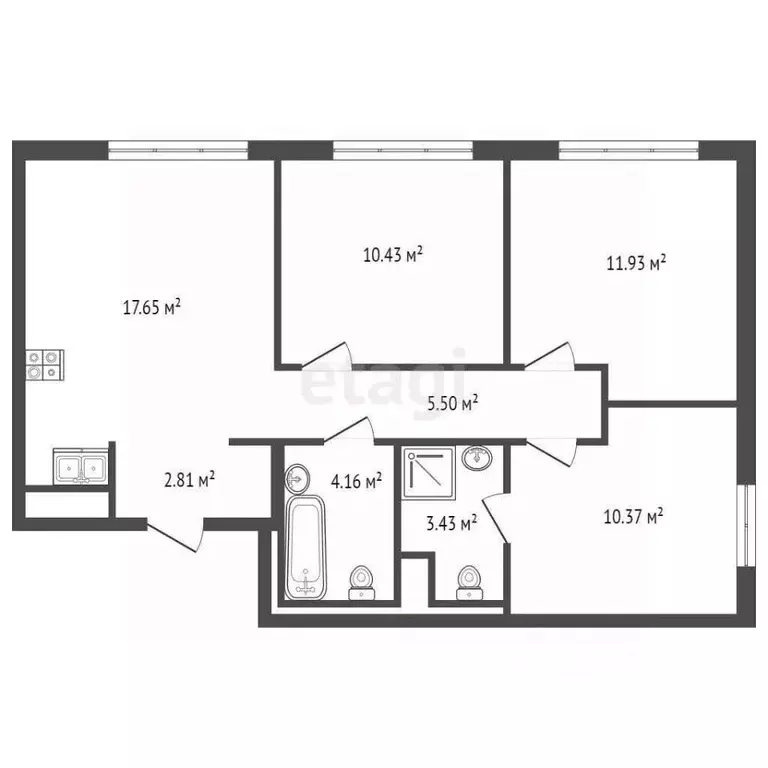 3-к кв. Санкт-Петербург ул. Шкапина, 13 (66.28 м) - Фото 1