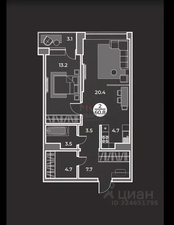 2-к кв. Хакасия, Абакан Арбан мкр, Новый Бульвар жилой комплекс (60.8 ... - Фото 2