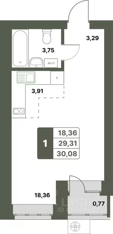 1-к кв. Башкортостан, Уфимский район, с. Миловка  (30.08 м) - Фото 1