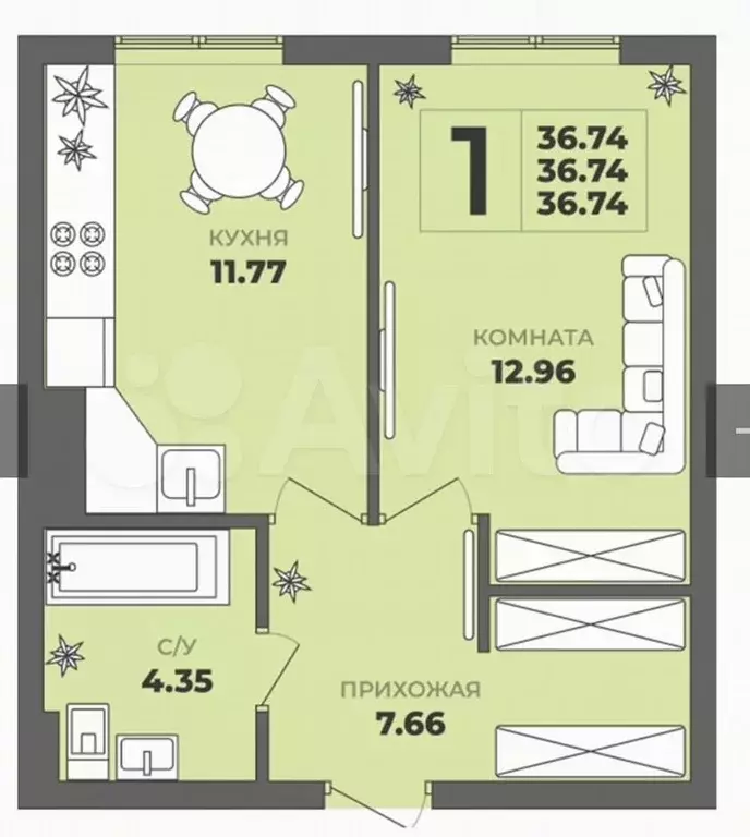 1-к. квартира, 36,7 м, 1/8 эт. - Фото 1