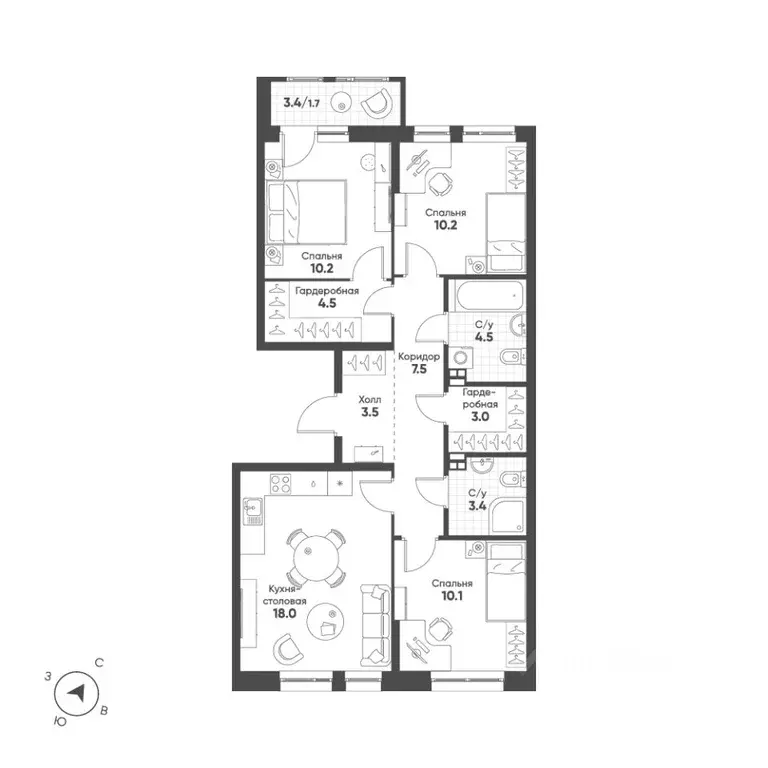 3-к кв. Свердловская область, Екатеринбург Солнечный жилрайон,  (76.6 ... - Фото 1