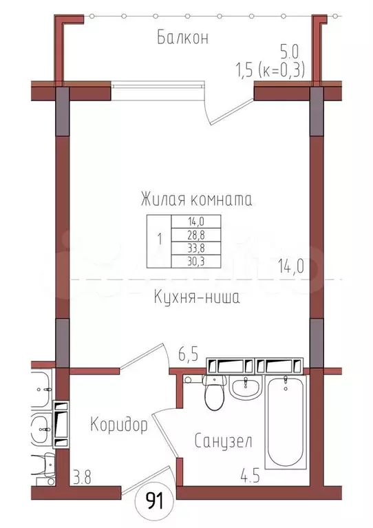 1-к. квартира, 30,3м, 3/9эт. - Фото 0