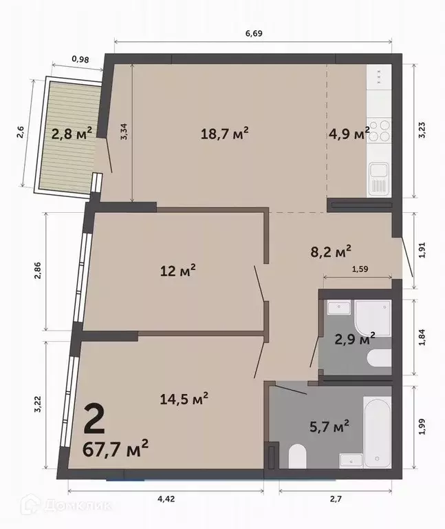 Продаётся 2-к квартира, 67.7 м - Фото 1