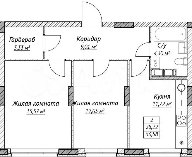 2-к. квартира, 56,6 м, 13/14 эт. - Фото 0
