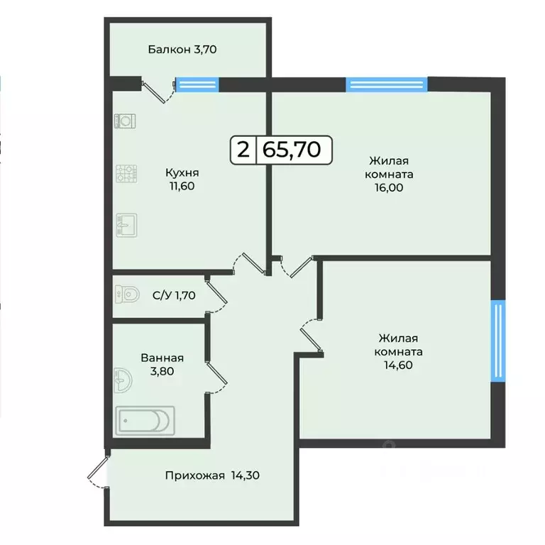 2-к кв. Ставропольский край, Ставрополь ул. Рогожникова, 21 (65.7 м) - Фото 1