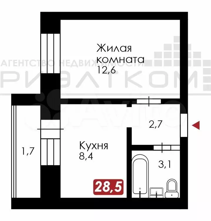 1-к. квартира, 28,5 м, 1/3 эт. - Фото 0