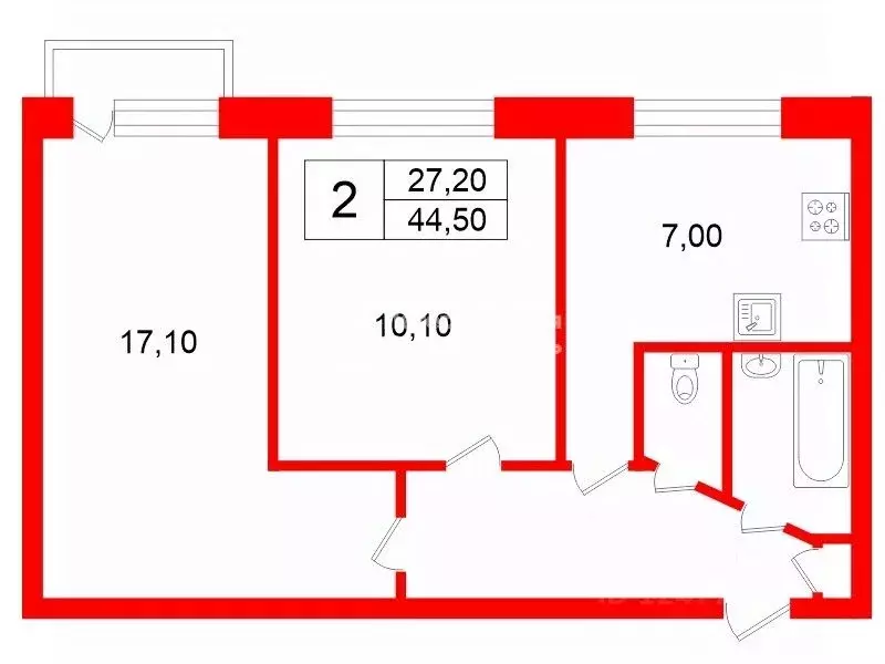 2-к кв. Санкт-Петербург Товарищеский просп., 1К1 (44.5 м) - Фото 2
