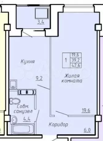 1-к. квартира, 42,6 м, 8/9 эт. - Фото 0