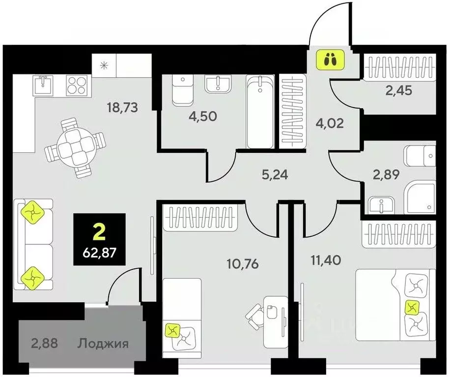 2-к кв. Тюменская область, Тюмень  (62.87 м) - Фото 0