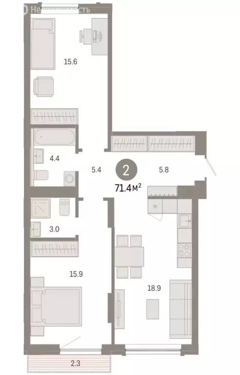 2-комнатная квартира: Тюмень, микрорайон ДОК, ЖК Октябрьский на Туре ... - Фото 1