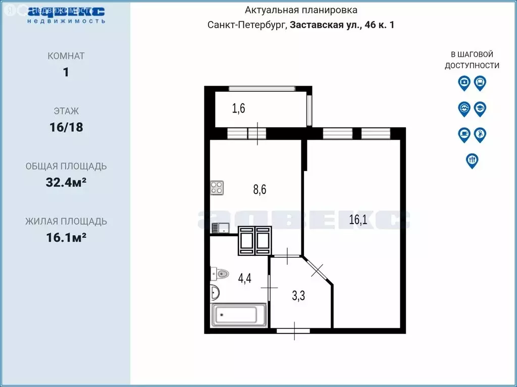 1-комнатная квартира: Санкт-Петербург, Заставская улица, 46к1 (32.4 м) - Фото 2