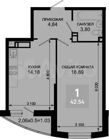 1-к. квартира, 42,5 м, 4/19 эт. - Фото 1