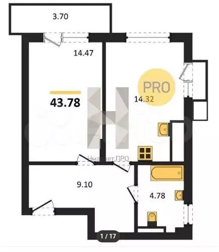 1-к. квартира, 43,8 м, 6/7 эт. - Фото 1