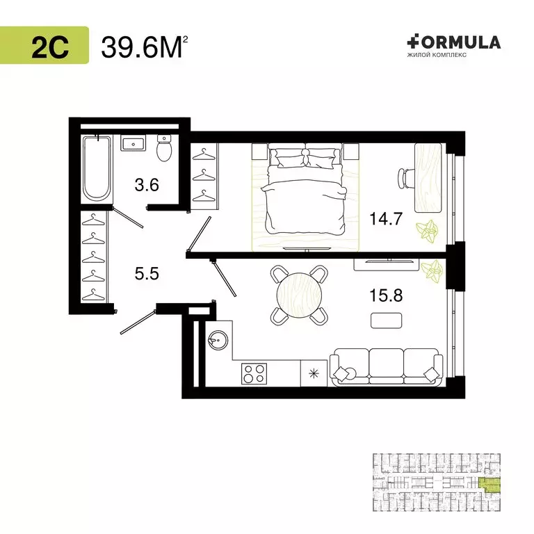 1-комнатная квартира: Уфа, ЖК Формула (39.6 м) - Фото 1