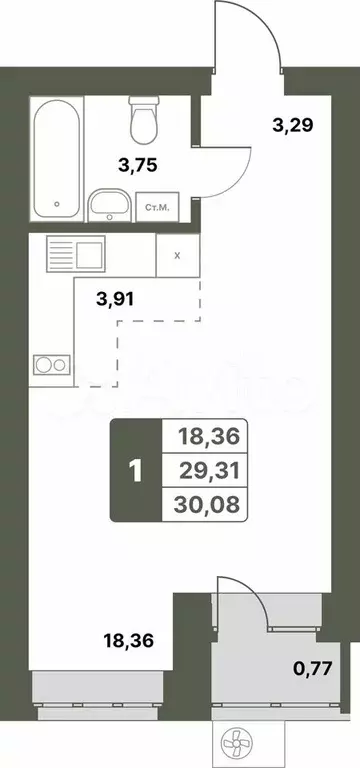 1-к. квартира, 30,1 м, 8/12 эт. - Фото 0