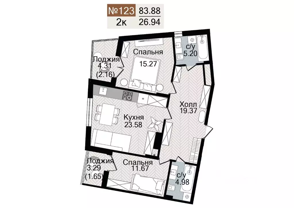 2-к кв. Калининградская область, Гурьевск  (83.88 м) - Фото 1