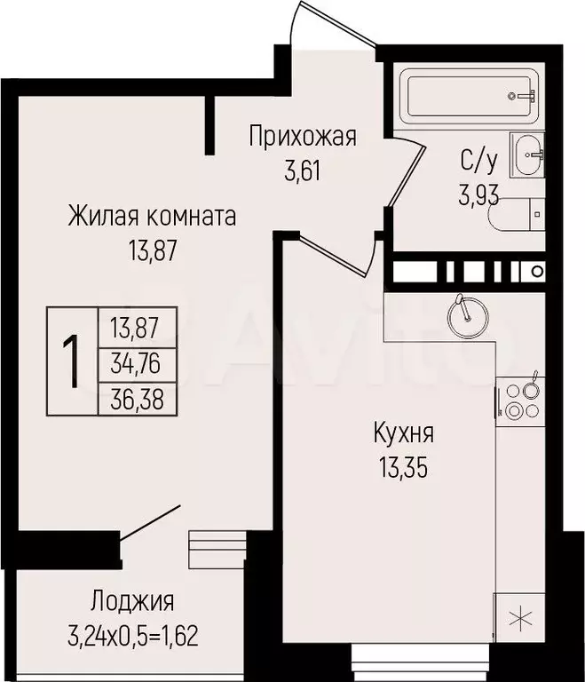 1-к. квартира, 36,4 м, 6/15 эт. - Фото 0