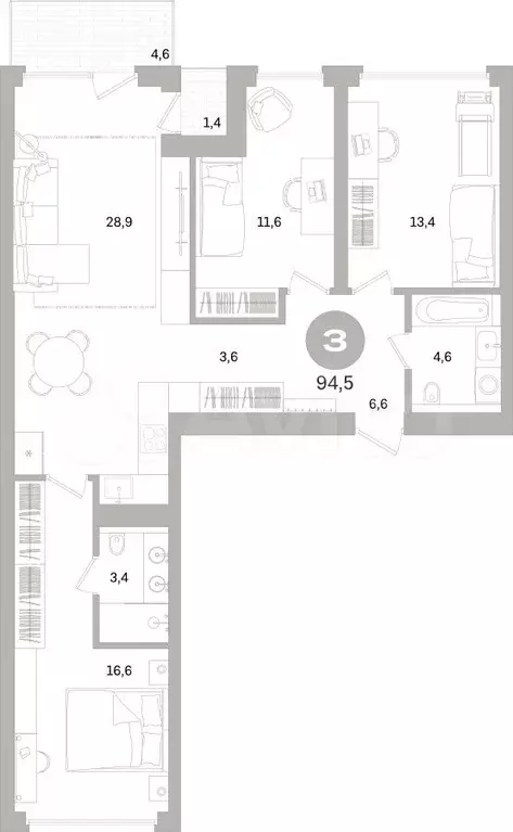 3-к. квартира, 94 м, 3/16 эт. - Фото 0