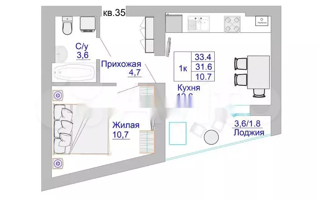 1-к. квартира, 34 м, 8/8 эт. - Фото 1