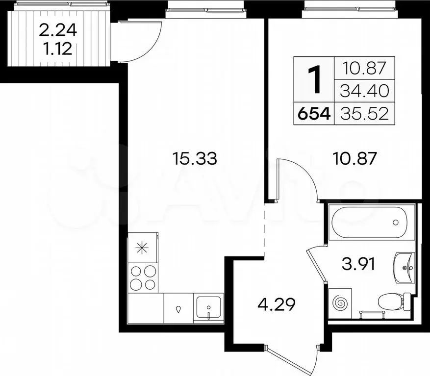 1-к. квартира, 35,5 м, 5/9 эт. - Фото 0