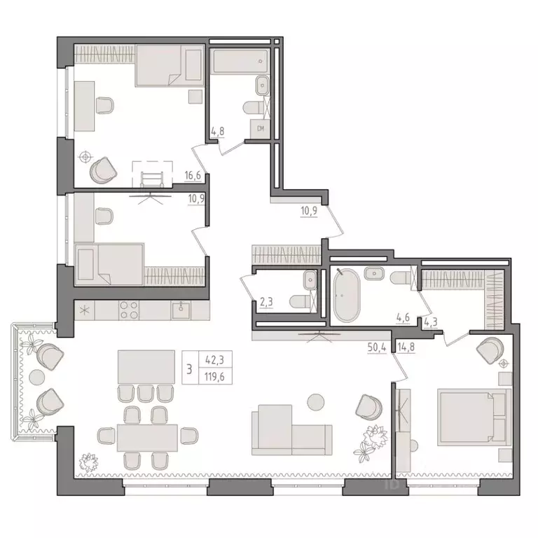 3-к кв. Башкортостан, Уфа 563-й кв-л,  (119.6 м) - Фото 1