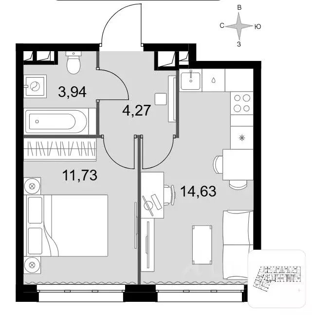 2-к кв. Москва № 3 кв-л, 6к1 (34.57 м) - Фото 1