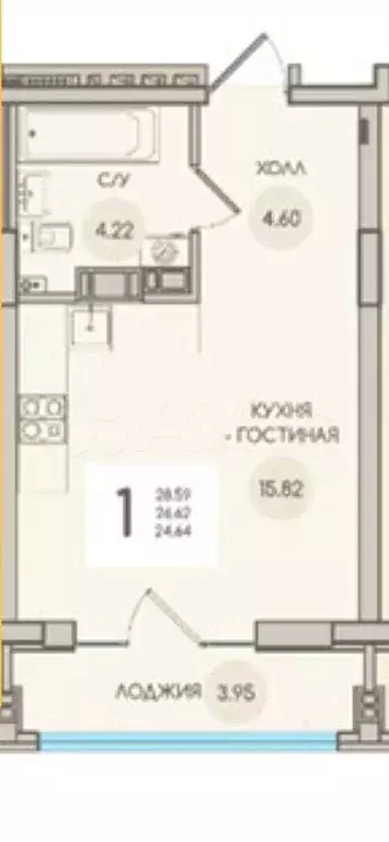 Квартира-студия, 28,6 м, 2/9 эт. - Фото 0