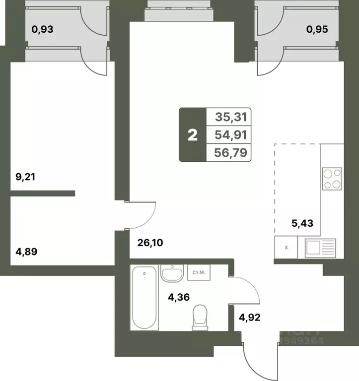 2-к кв. Башкортостан, Уфимский район, с. Миловка  (56.79 м) - Фото 0