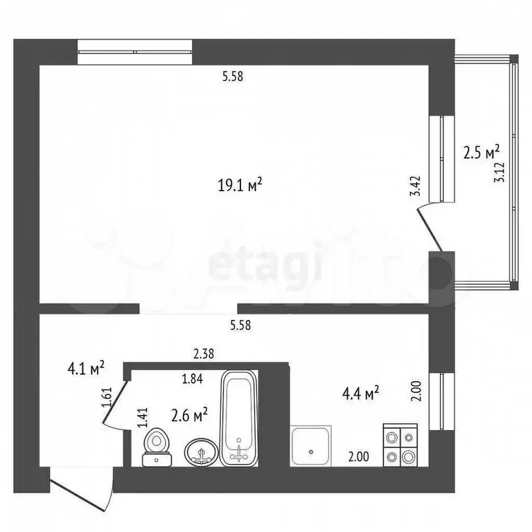 1-к. квартира, 31 м, 3/5 эт. - Фото 0