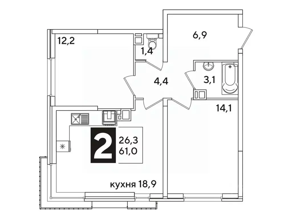 2-к кв. Краснодарский край, Краснодар Самолет-6 жилой комплекс (61.0 ... - Фото 1