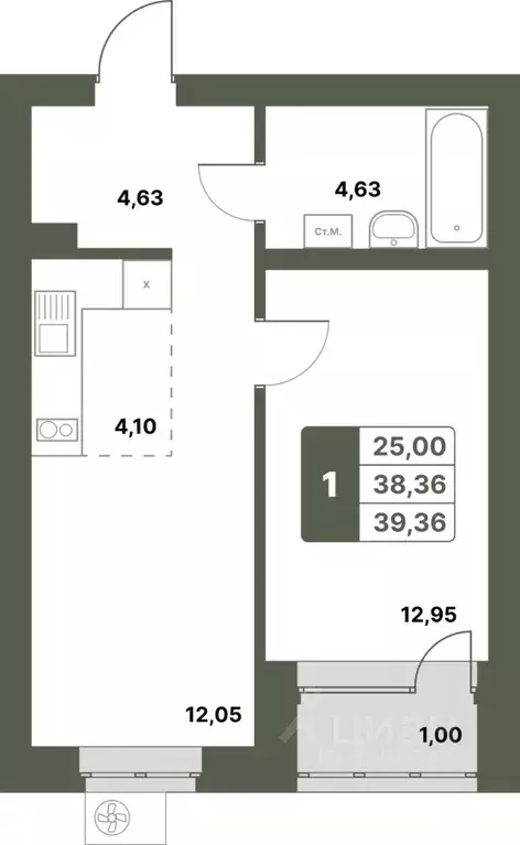 1-к кв. Башкортостан, Уфимский район, с. Миловка  (39.36 м) - Фото 1