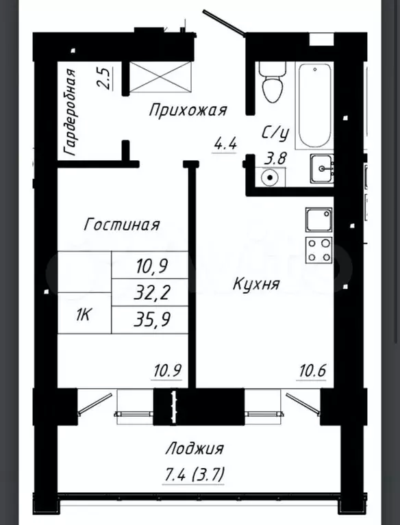 1-к. квартира, 35,9 м, 3/10 эт. - Фото 1