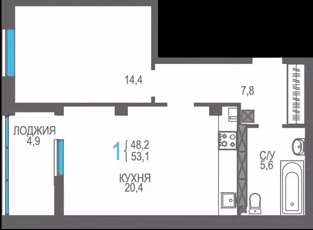 Продаётся 1-к квартира, 53.1 м - Фото 0