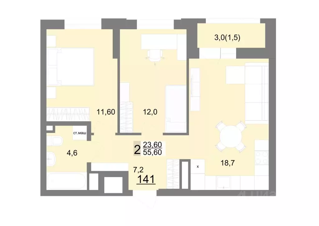 2-к кв. Свердловская область, Екатеринбург ул. Металлургов, 63/3 (55.6 ... - Фото 1