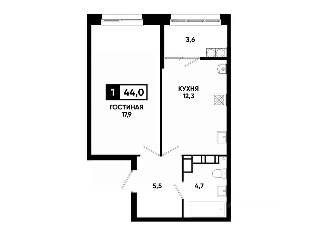 1-к кв. Ставропольский край, Ставрополь ул. Андрея Голуба, 12к8 (44.0 ... - Фото 0