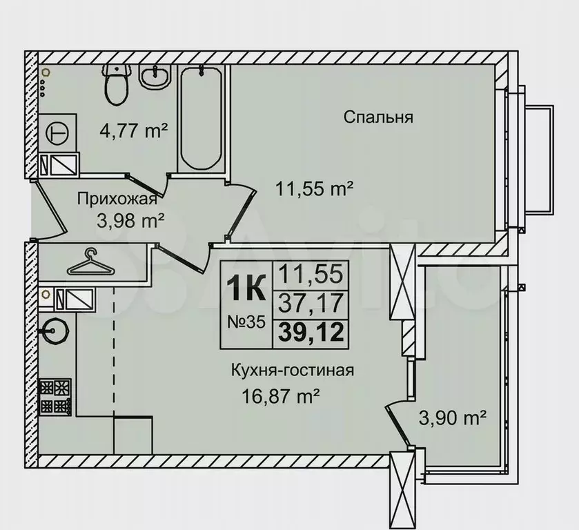 1-к. квартира, 39,1 м, 5/16 эт. - Фото 0