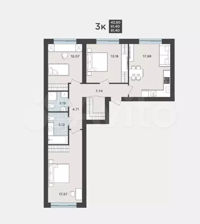 3-к. квартира, 81,4 м, 1/9 эт. - Фото 1