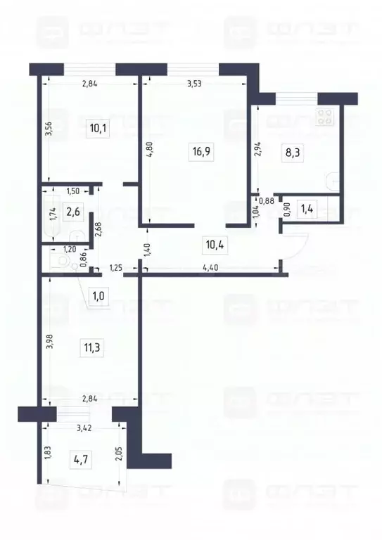 3-к кв. Татарстан, Казань ул. Юлиуса Фучика, 14 (64.4 м) - Фото 1