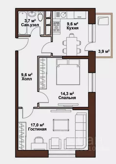 Квартира, 2 комнаты, 55 м - Фото 2