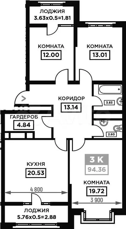3-к. квартира, 94,4 м, 6/21 эт. - Фото 1