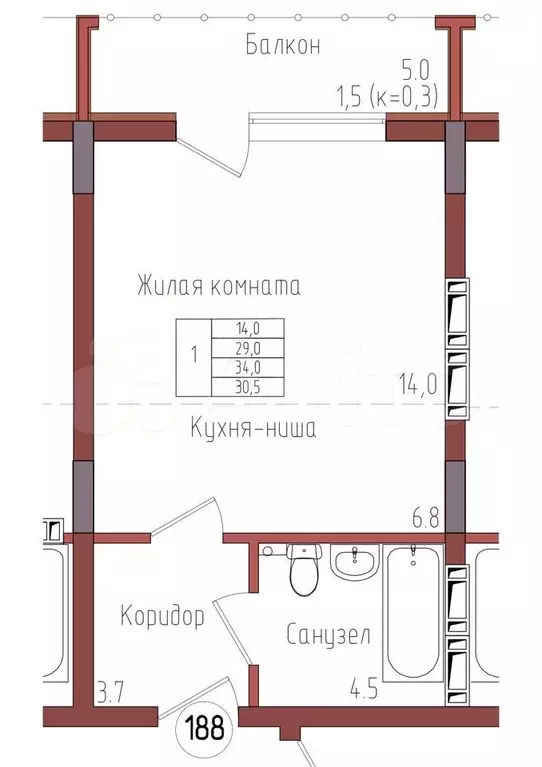 Квартира-студия, 30,5 м, 6/9 эт. - Фото 0