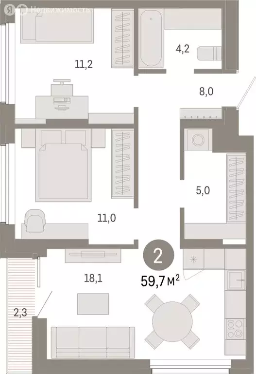 2-комнатная квартира: Омск, Кировский округ (59.71 м) - Фото 0