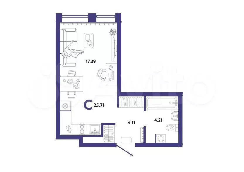 Квартира-студия, 25,7 м, 2/15 эт. - Фото 1