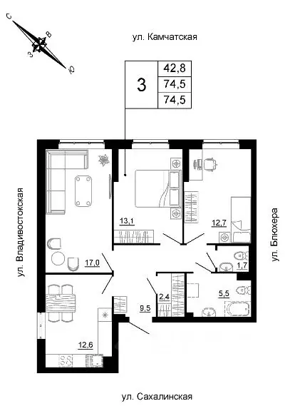 3-к кв. Свердловская область, Екатеринбург ул. Кронштадтская (74.5 м) - Фото 1