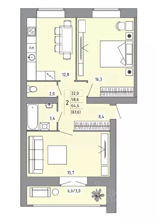 2-к кв. Костромская область, Кострома Калиновская ул., 28А (61.0 м) - Фото 1