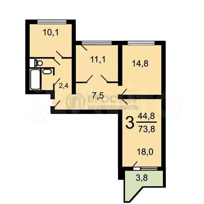 3-к. квартира, 74 м, 3/17 эт. - Фото 0