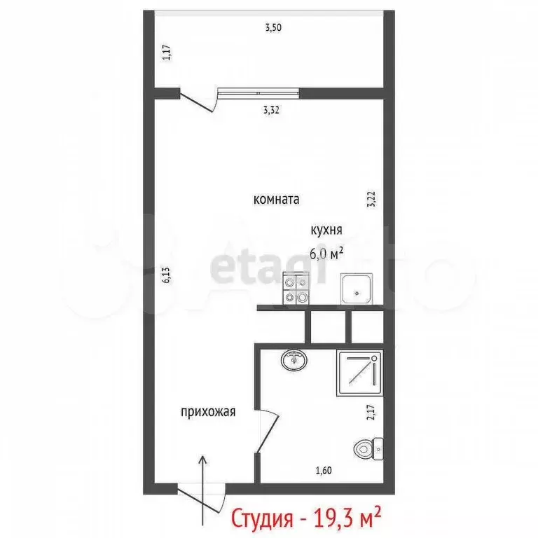 Квартира-студия, 19,3 м, 4/8 эт. - Фото 0